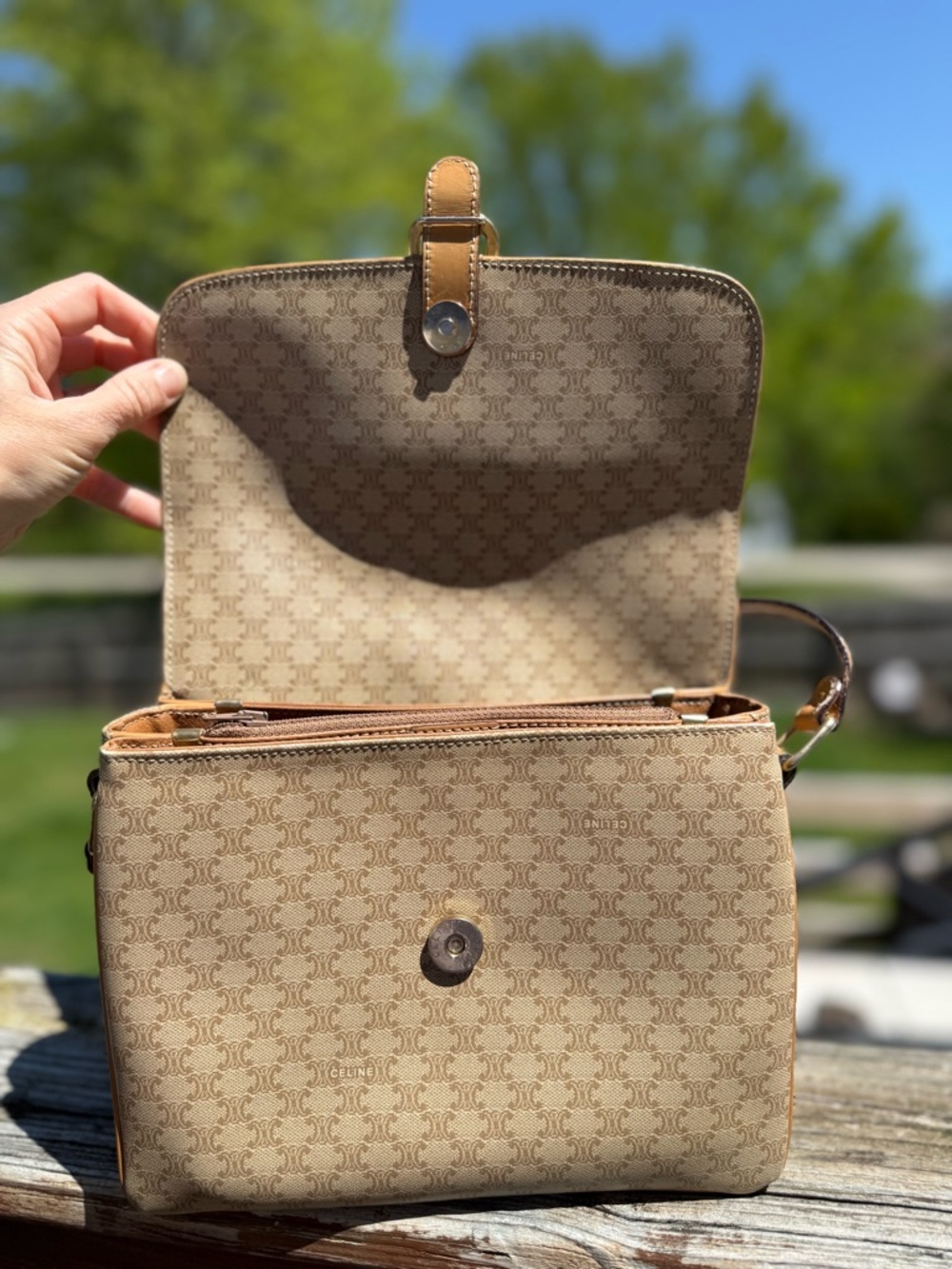 Celine Beige Monogram Crossbody with Tan Leather Trim - Picture 9 of 10